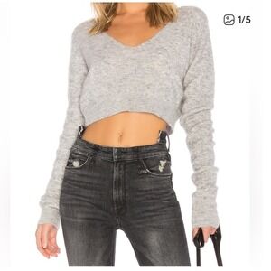 Lovers + Friends Highland Mohair Blend Cropped V Neck Sweater Long Sleeve Gray M